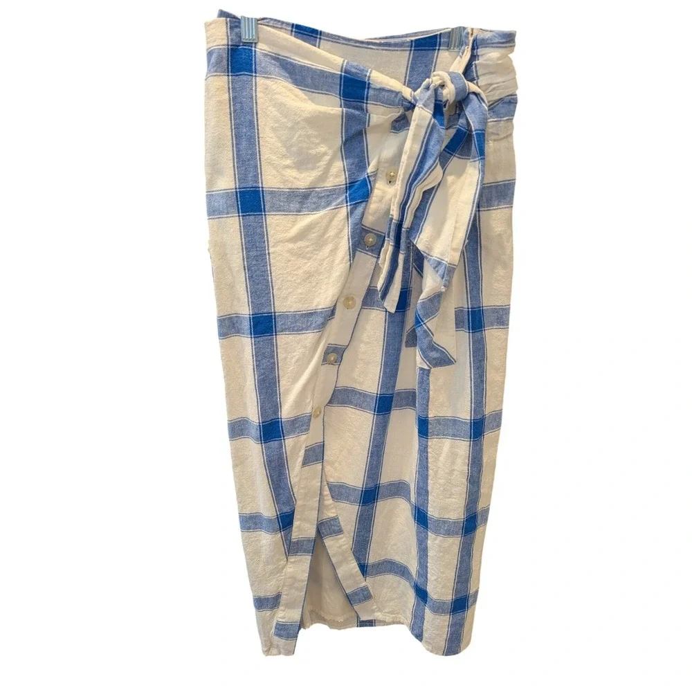 Maeve Anthropologie Midi Wrap Skirt Blue White Plaid Linen Blend Size 2 - Picture 1 of 10